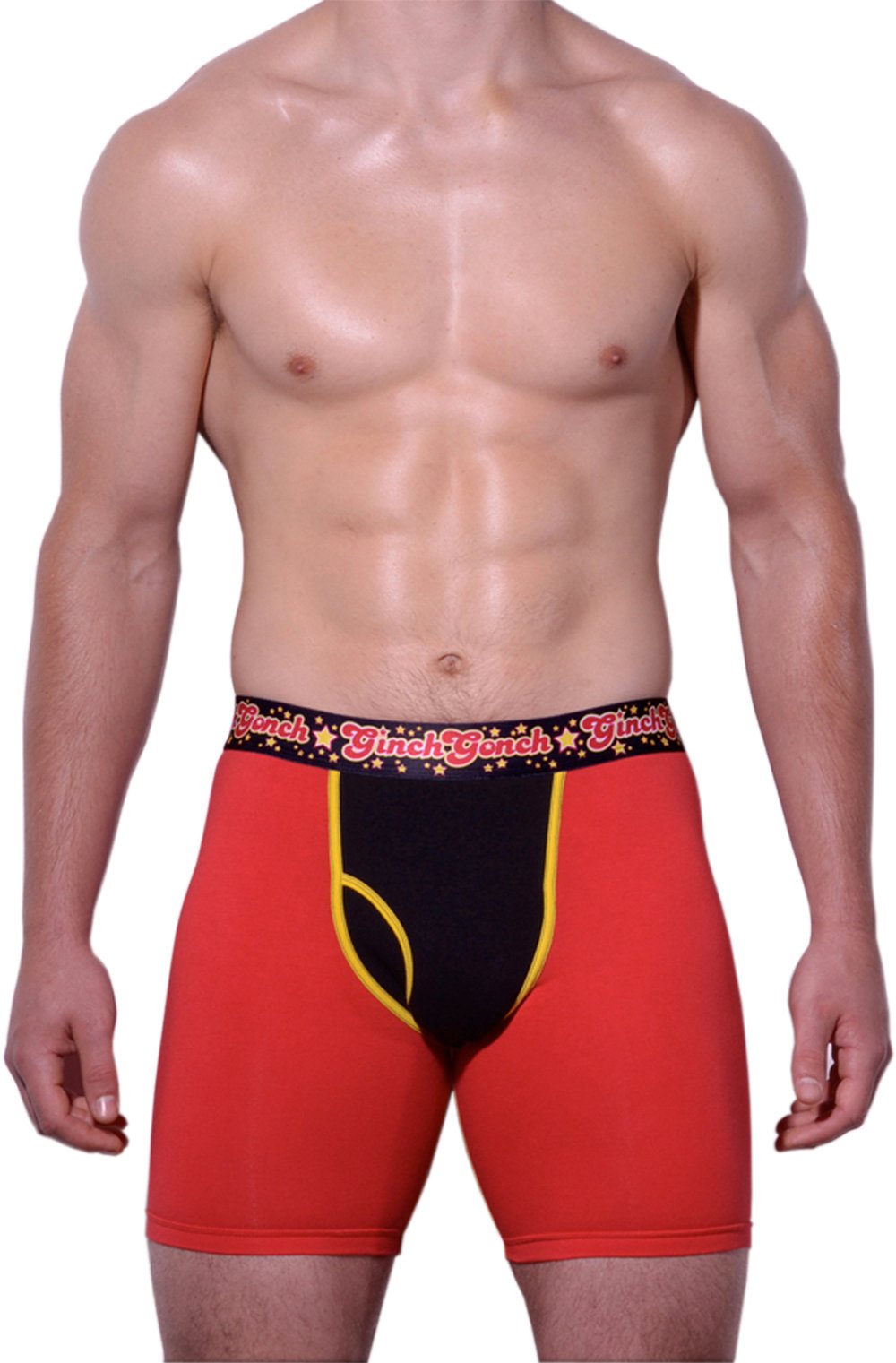 Atomic Fireballs Boxer Brief Trunk Men's Underwear Red and Black panels yellow trim printed waistband front