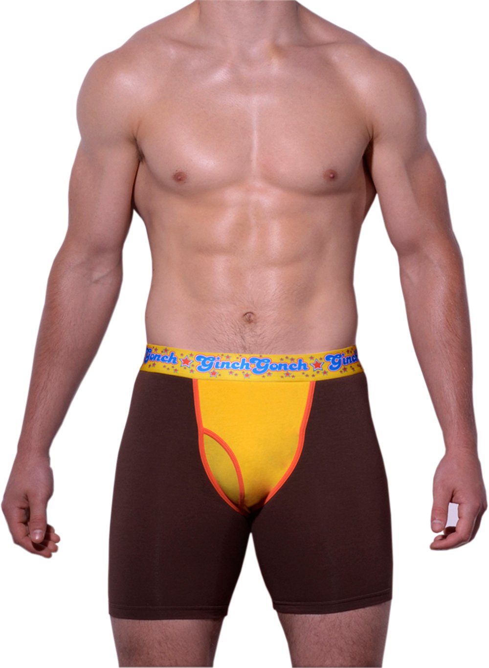 GG Ginch Gonch Lemon Heads men's underwear y front boxer brief trunk with yellow and brown panels, orange trim, and a printed yellow waistband. front. 