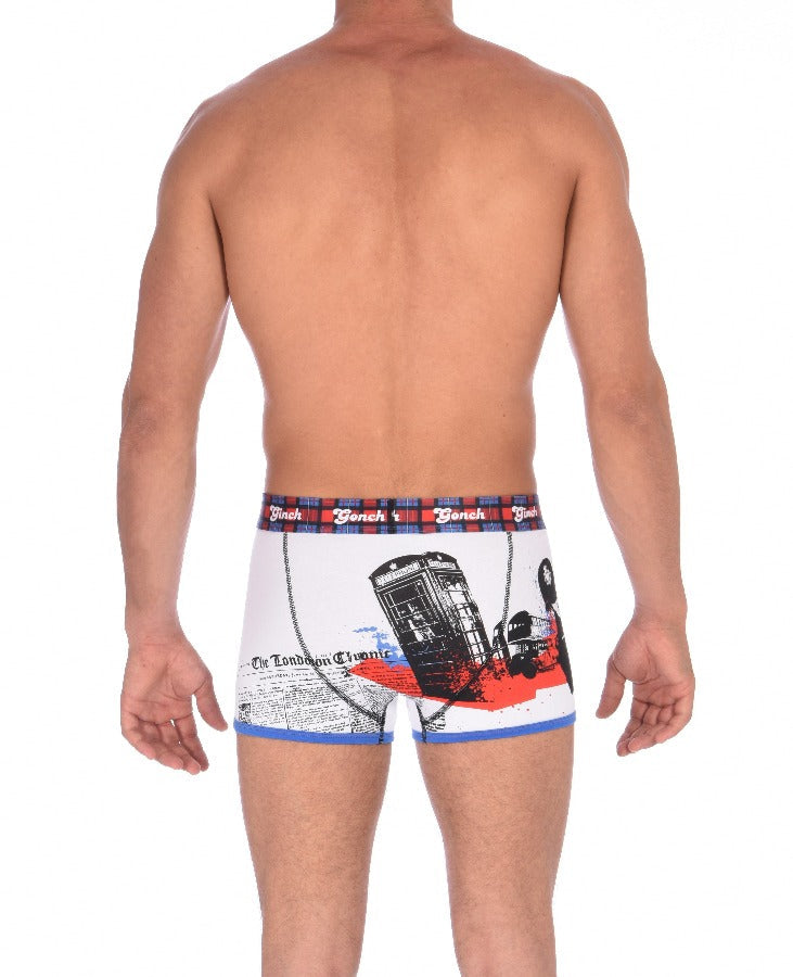 Ginch Gonch Men's Boxer Brief Trunk Underwear London Calling white blue and red underwear plaid waistband black and blue trim binding big ben back