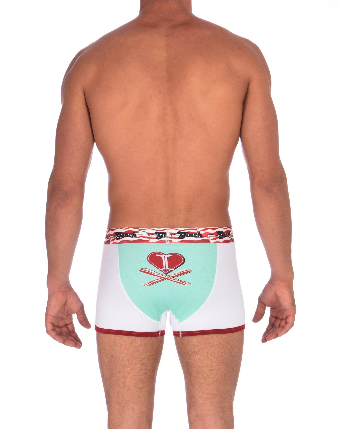 I Love Bacon Trunk Boxer Brief Ginch Gonch Men's underwear with white teal and bacon detail red trim front bacon waistband