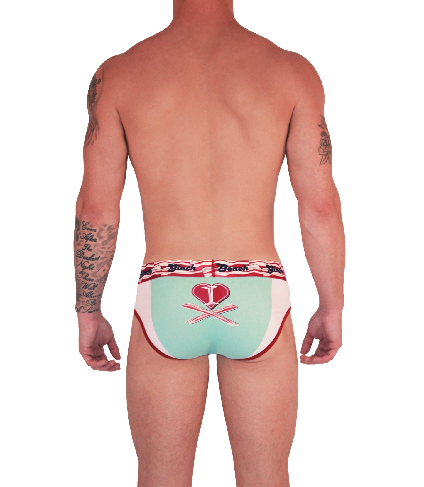 I Love Bacon Boxer Low Rise Brief Ginch Gonch Men's underwear with white teal and bacon detail back