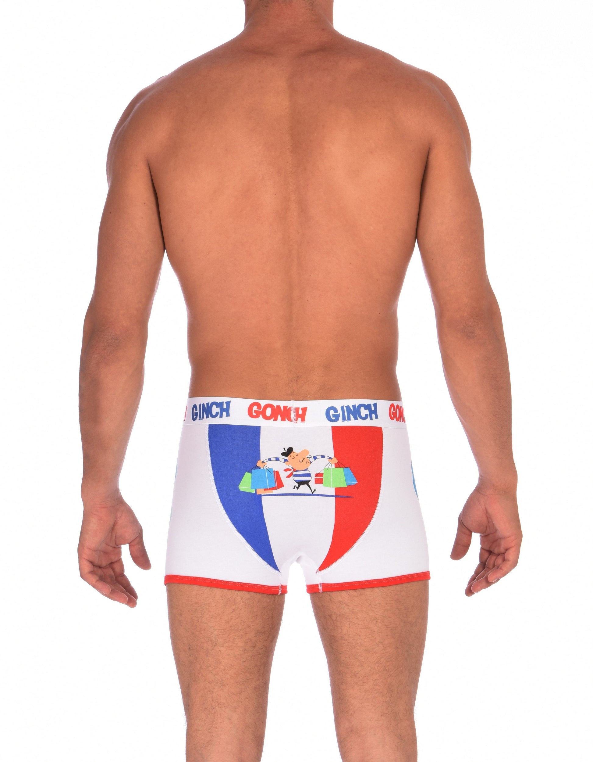 GG Ginch Gonch I Love Paris Boxer Brief - Men's Underwear white fabric with scene of french flag and french person red and white trim and white printed waistband back