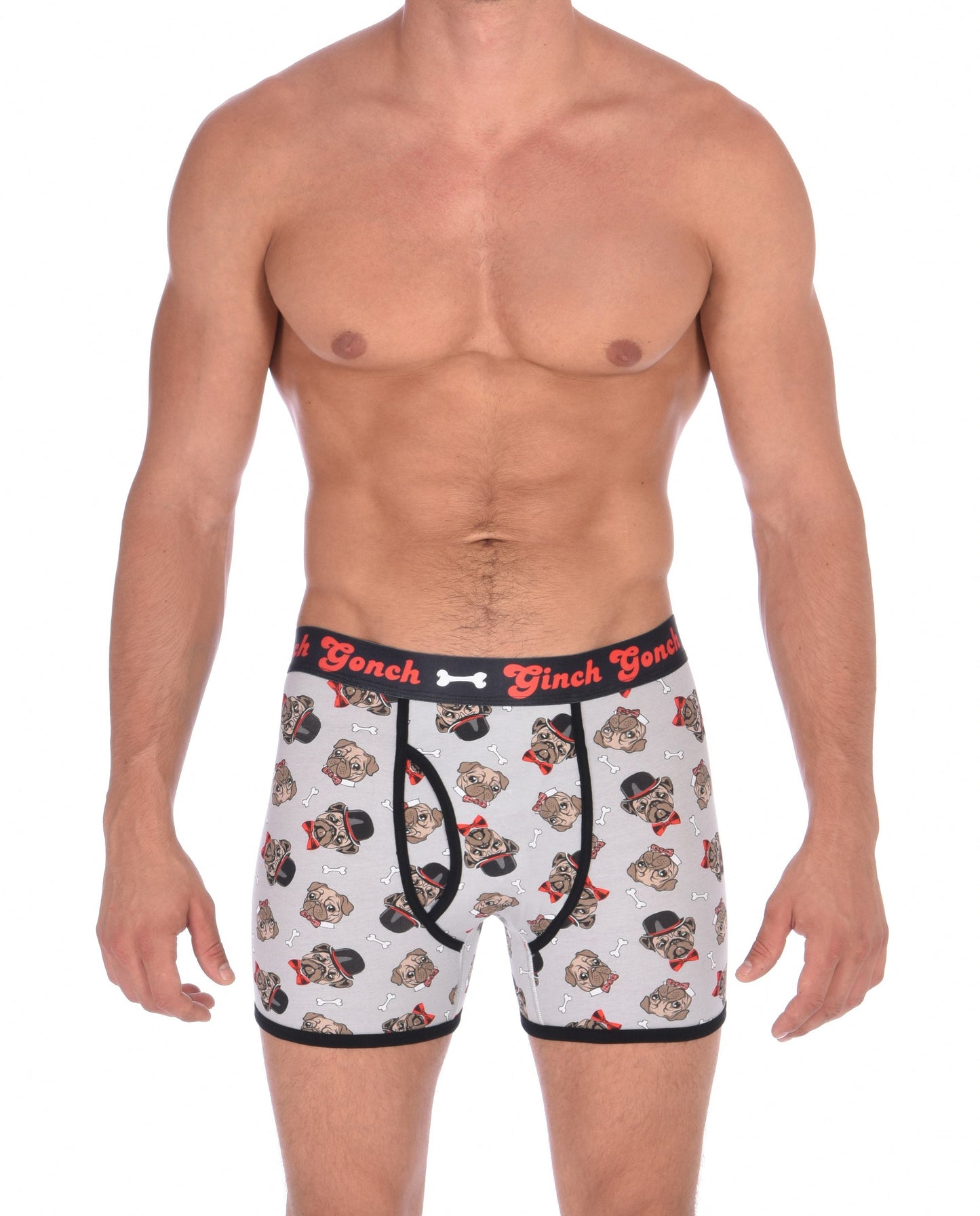 GG Ginch Gonch Pug Life Boxer Brief trunk - Men's Underwear grey background with pugs with top hats and bow ties and bones. Black trim with black printed waistband front. 