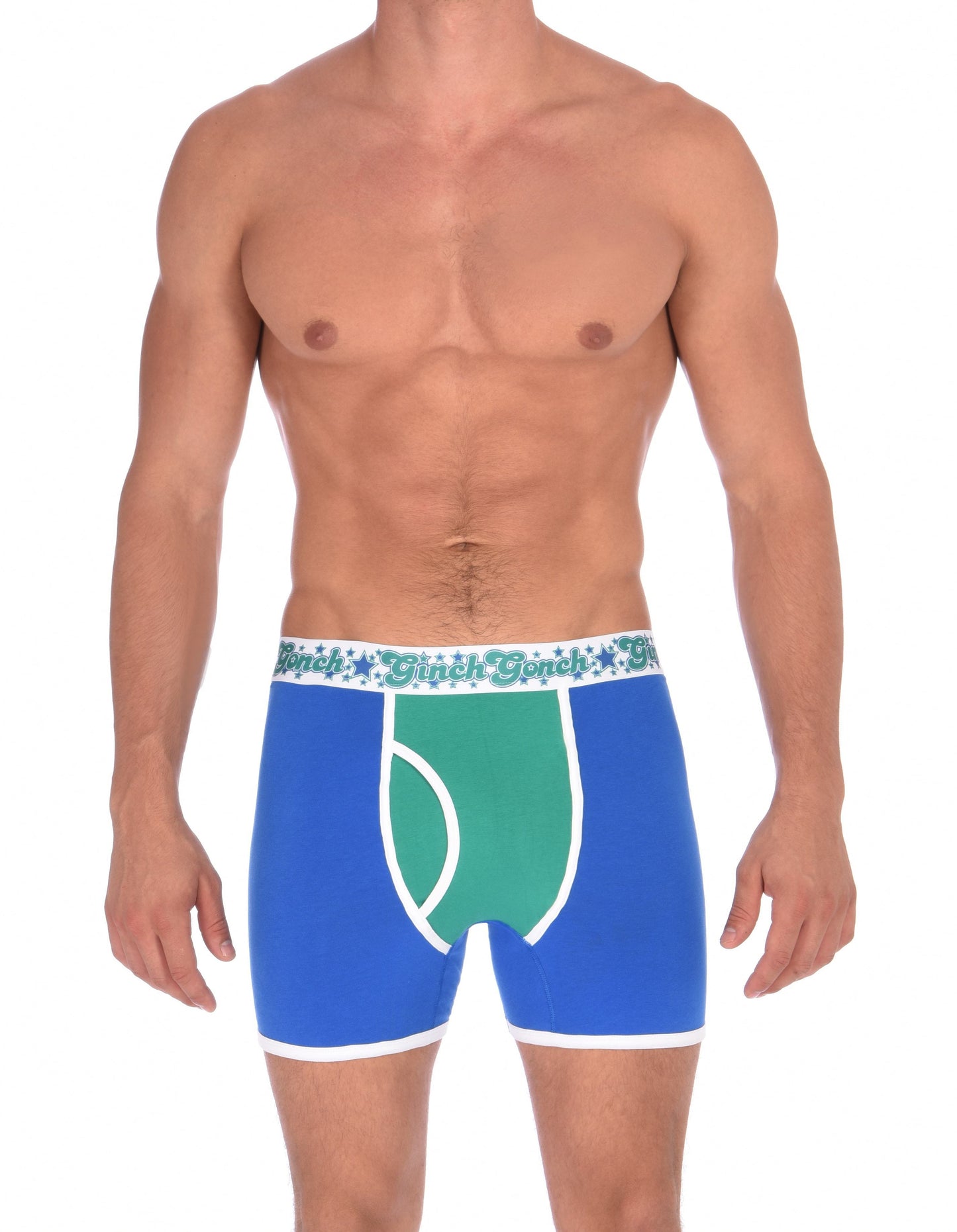 Ginch Gonch Blue Lagoon men's boxer briefs trunks y front blue and green. panels with white trim and printed waistband