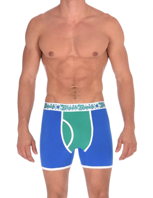 Ginch Gonch Blue Lagoon men's boxer briefs trunks y front blue and green. panels with white trim and printed waistband