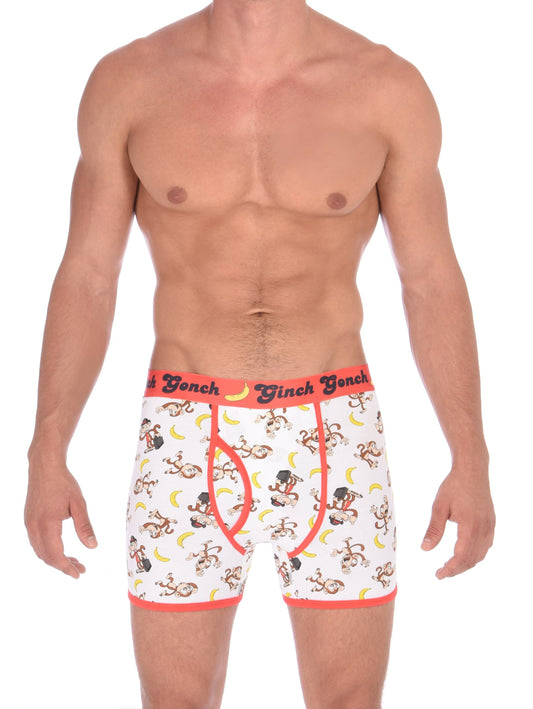 GG Ginch Gonch Gone Bananas Boxer Brief men's underwear trunk y front white fabric with monkeys and bananas red trim and red printed waistband front