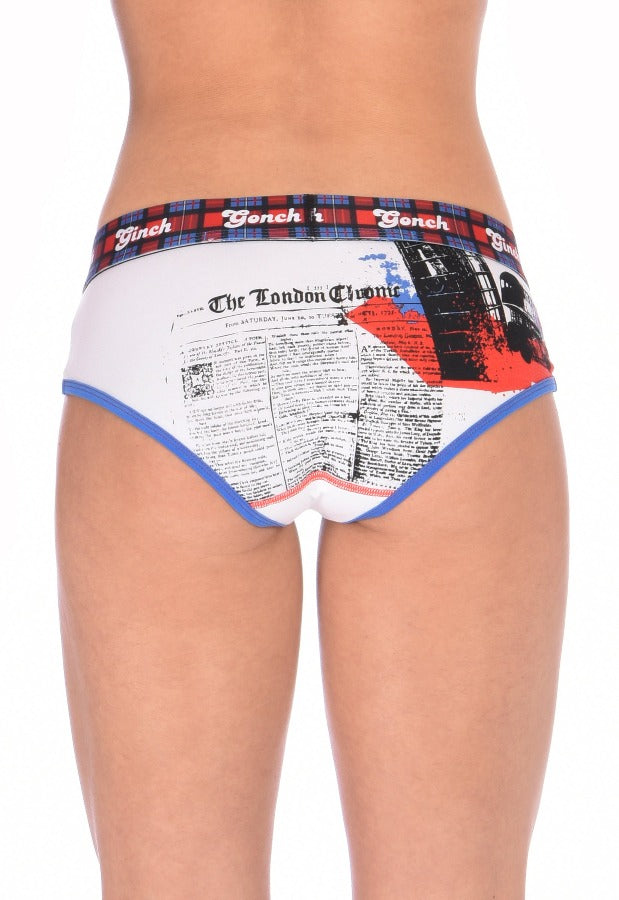 Ginch Gonch Women's Brief London Calling blue and red underwear white background plaid waistband black and blue trim binding big ben london eye back