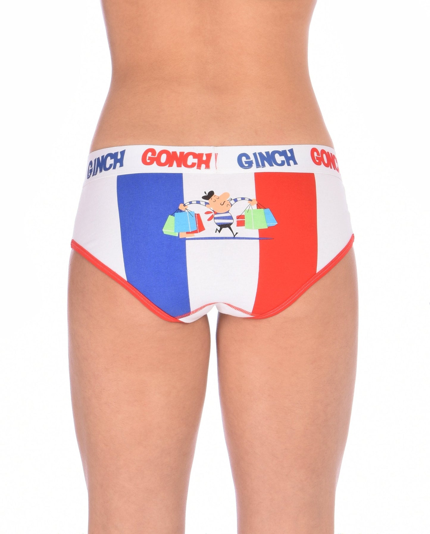 GG Ginch Gonch I Love Paris boy cut Brief - y front women's Underwear white fabric with scene of french flag and french person red and white trim and white printed waistband front
