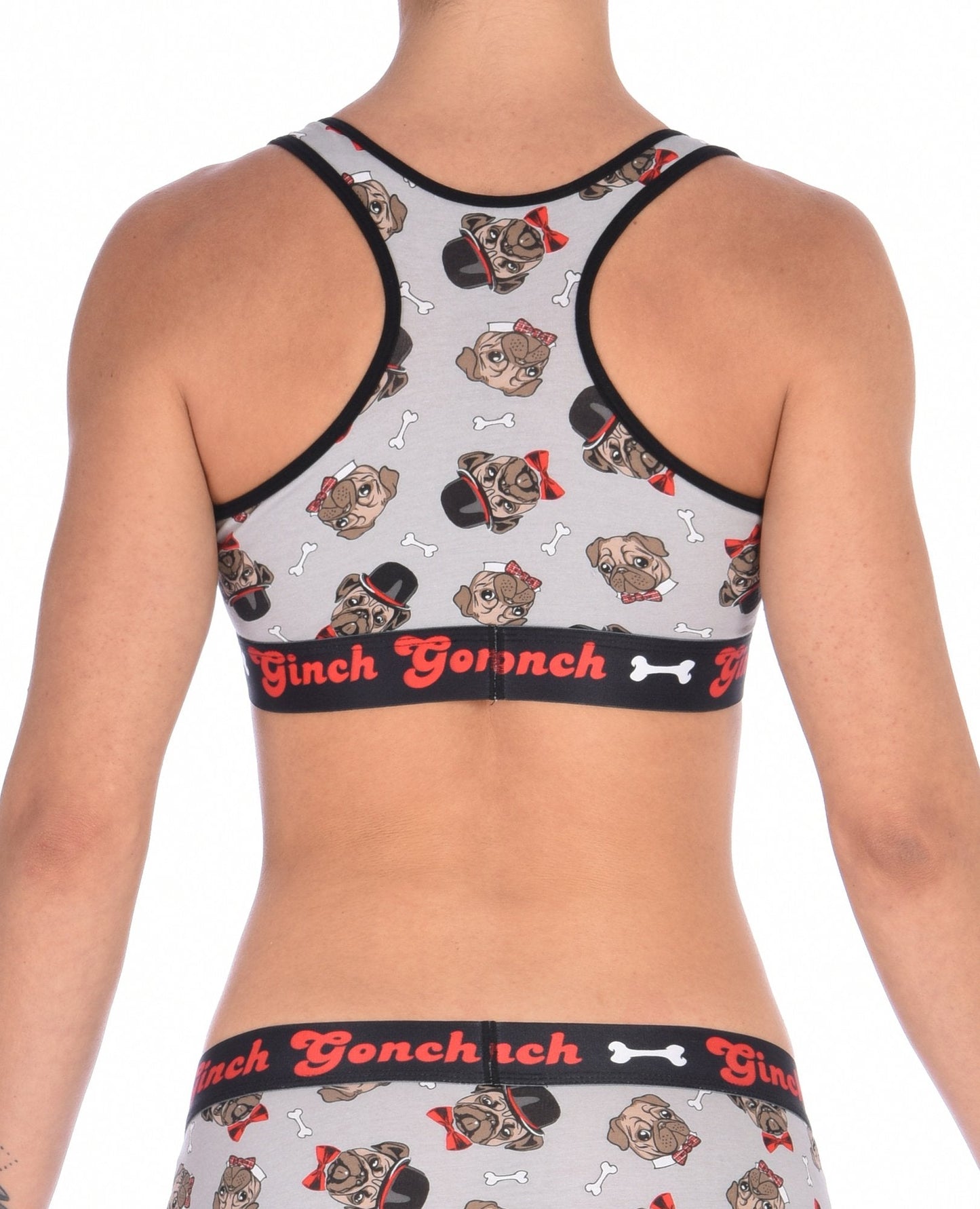 GG Ginch Gonch Pug Life sports bra - women's Underwear grey background with pugs with top hats and bow ties and bones. Black trim with black printed band back