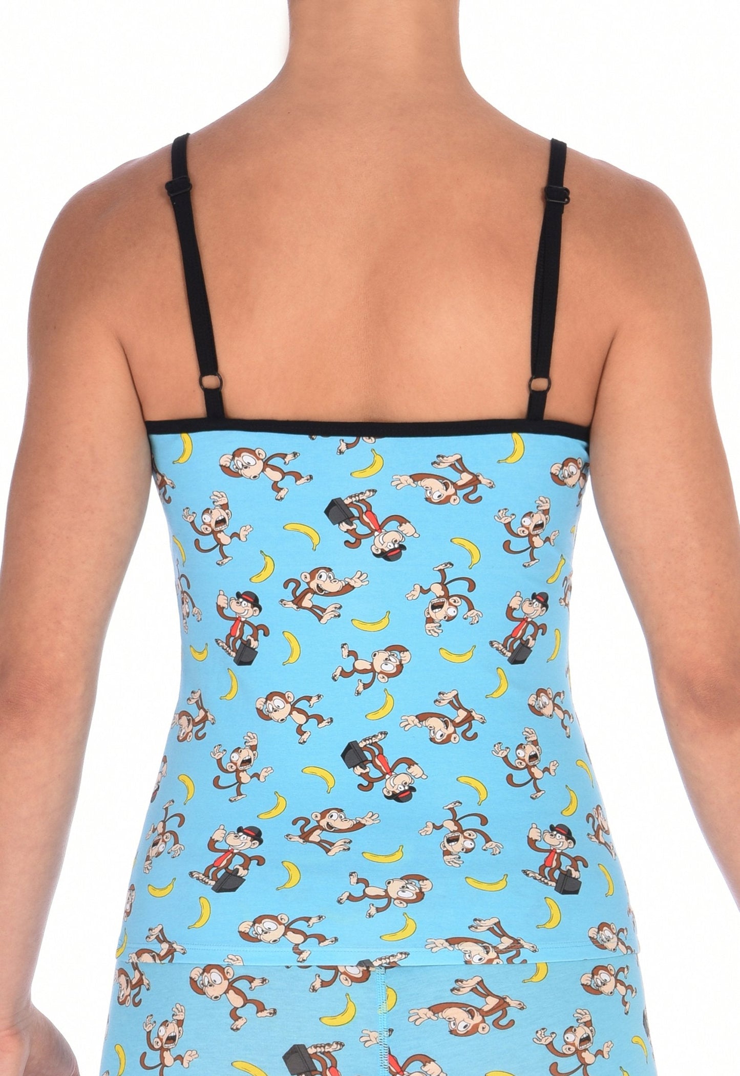 Ginch Gonch Monkey Business Women's Camisole Cami Spaghetti Strap Underwear with blue background, monkeys, and bananas. Black trim. Back.