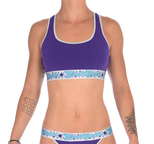 GG Ginch Gonch Purple Haze Sports Bra - Women's Underwear purple fabric with grey trim and silver printed band front 