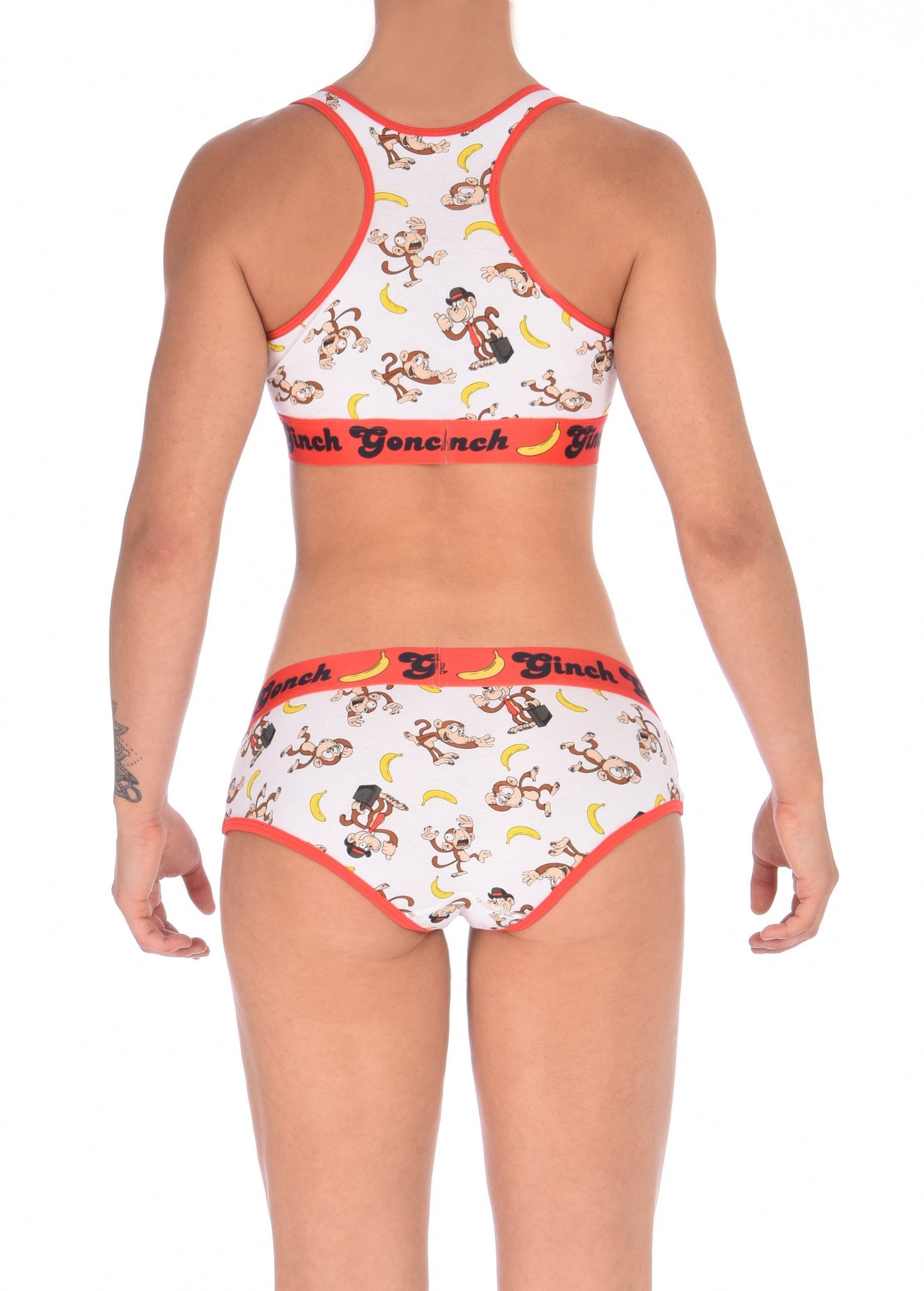 GG Ginch Gonch Gone Bananas boy cut Brief women's underwear y front white fabric with monkeys and bananas red trim and red printed waistband back shown with matching sports bra