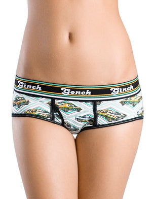 GG Ginch Gonch Vintage Cars Ladies Briefs - Women's Underwear with car print and black trim y front jacquard waistband front