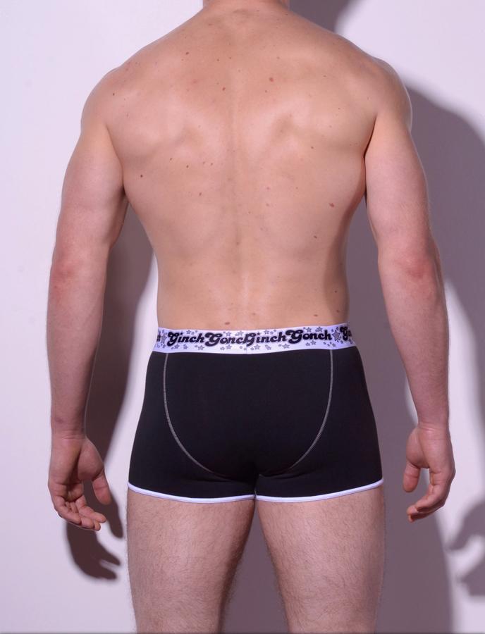 Ginch Gonch Black Magic Trunk Boxer Brief Black men's underwear with black panels and white trim binding printed waistband back