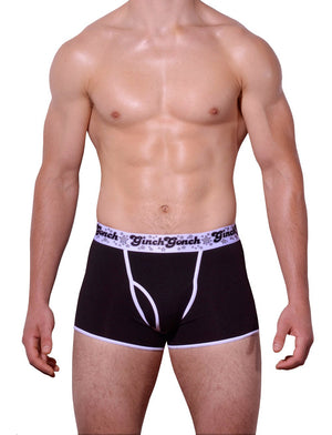 Ginch Gonch Black Magic Trunk Boxer Brief Black men's underwear with black panels and white trim binding printed waistband front