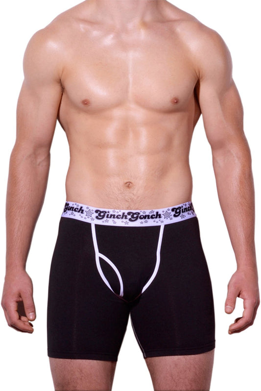 Ginch Gonch Black Magic Boxer Brief Black men's underwear with black panels and white trim binding printed waistband front