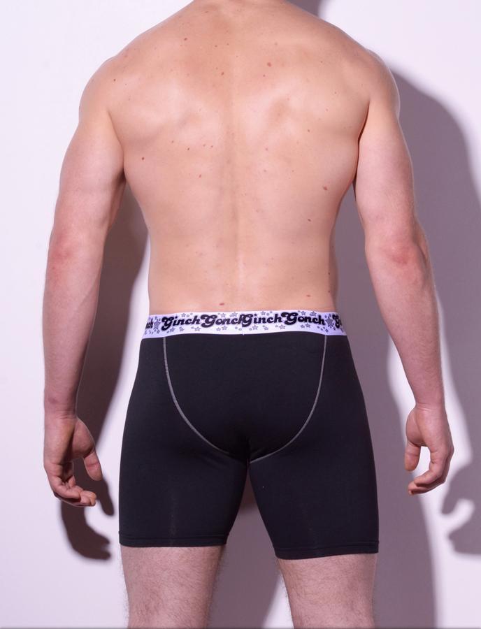 Ginch Gonch Black Magic Boxer Brief Black men's underwear with black panels and white trim binding printed waistband back
