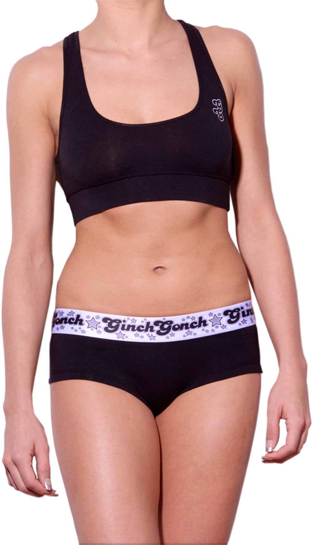 Ginch Gonch Black Magic Brief - Women's Underwear black boy cut gogo with white printed waistband front matching black sports bra with gg logo left side