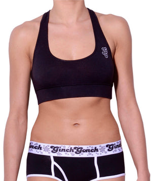 Ginch Gonch black magic women's sports bra gg logo on upper left outlined in white