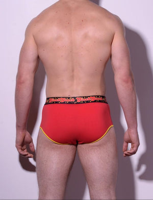 Atomic Fireballs Brief Men's Underwear Red and Black panels yellow trim printed waistband backc