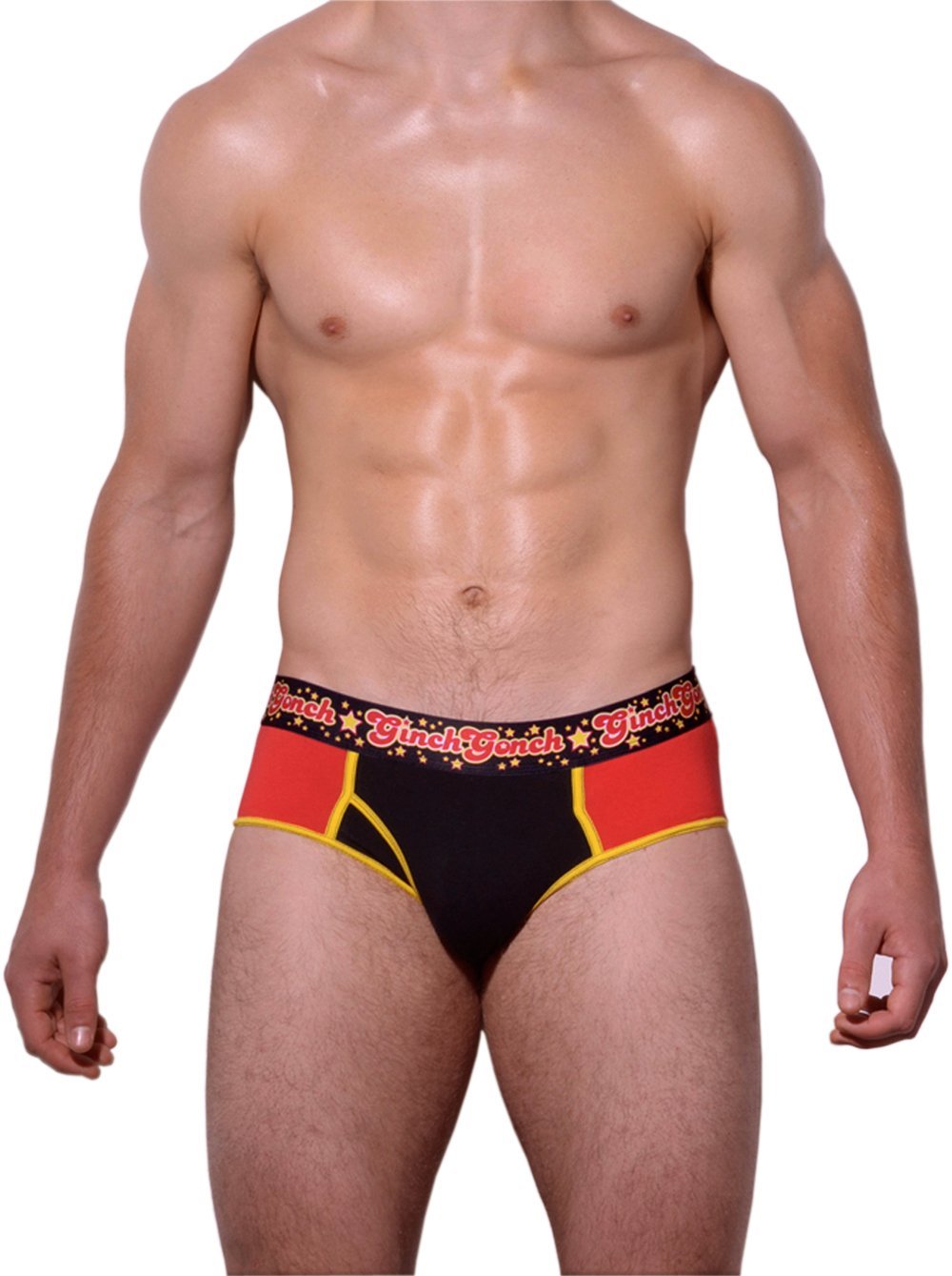 Atomic Fireballs Brief Men's Underwear Red and Black panels yellow trim printed waistband front