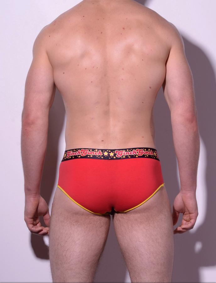 Atomic Fireballs Brief Men's Underwear Red and Black panels yellow trim printed waistband back