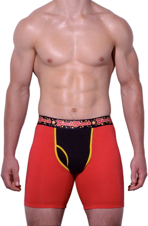 Atomic Fireballs Boxer Brief Trunk Men's Underwear Red and Black panels yellow trim printed waistband front