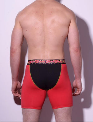 Atomic Fireballs Boxer Brief Trunk Men's Underwear Red and Black panels yellow trim printed waistband back