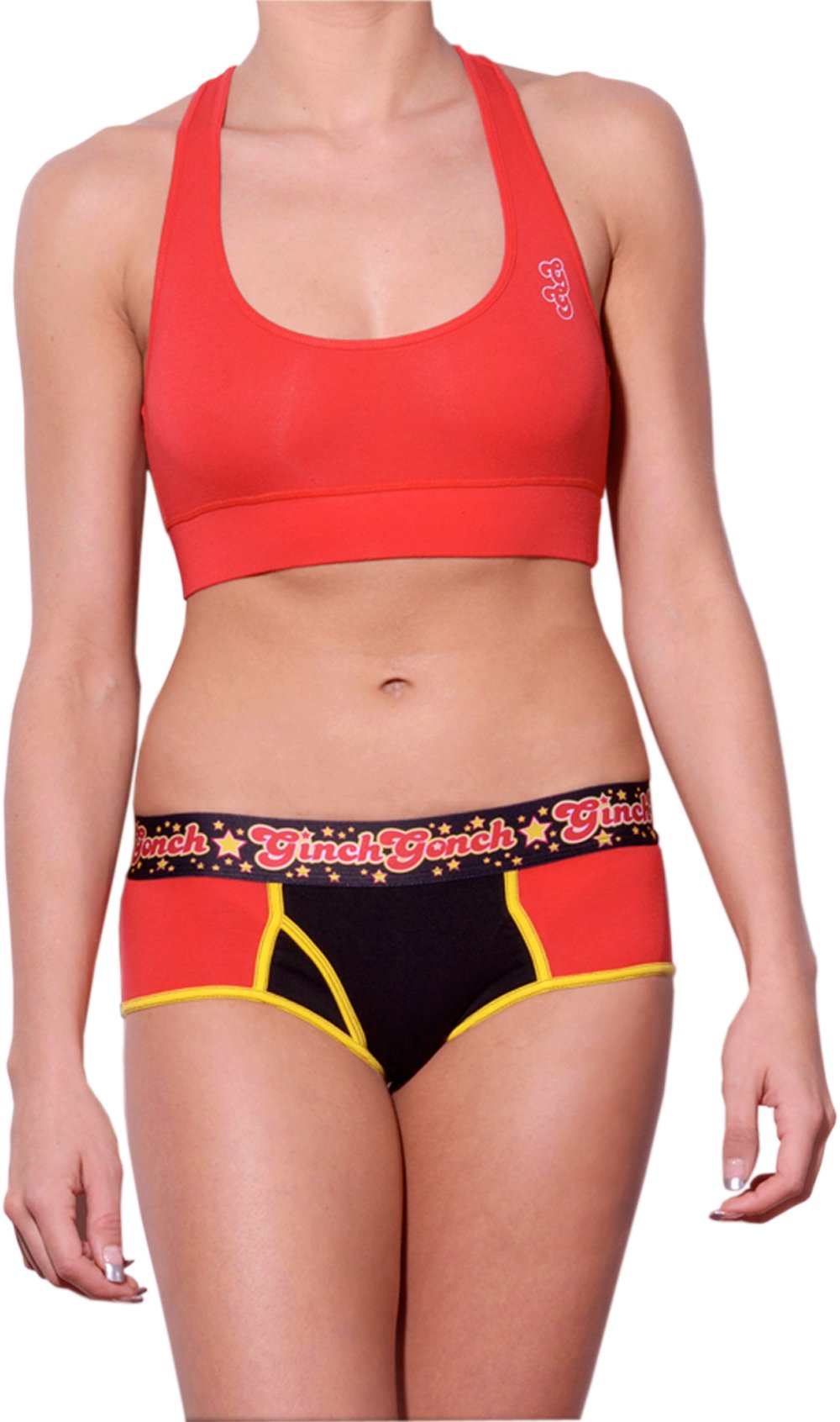 Atomic Fireballs boy cut Brief Women's Underwear Red and Black panels yellow trim printed waistband front