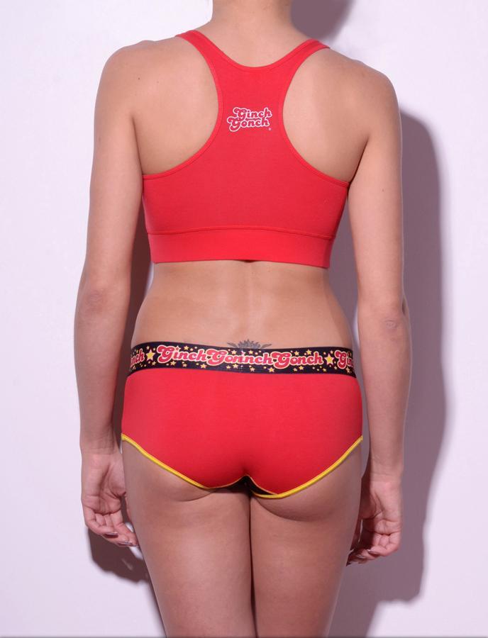 Atomic Fireballs boy cut Brief Women's Underwear Red and Black panels yellow trim printed waistband back