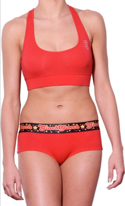 Atomic Fireballs Brief gogo women's Underwear Red and Black printed waistband front matching red sports bra