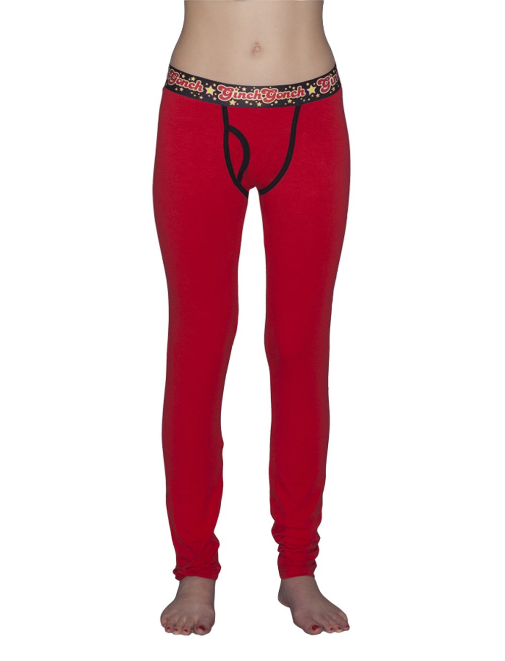 Ginch Gonch Atomic Fireballs Red Women's leggings with black trim and printed black waistband front 