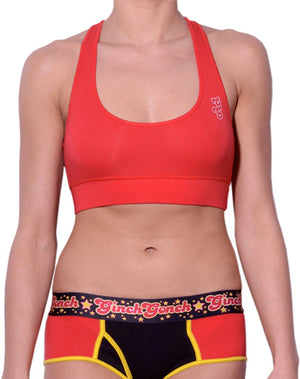 Ginch Gonch Atomic Fireballs Red Women's sports bra with logo on left side front