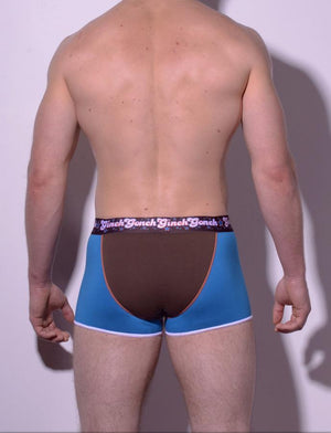 Ginch Gonch Blue Coconuts y front Men's boxer brief underwear blue and brown panels with white trim and printed waistband orange stitching back