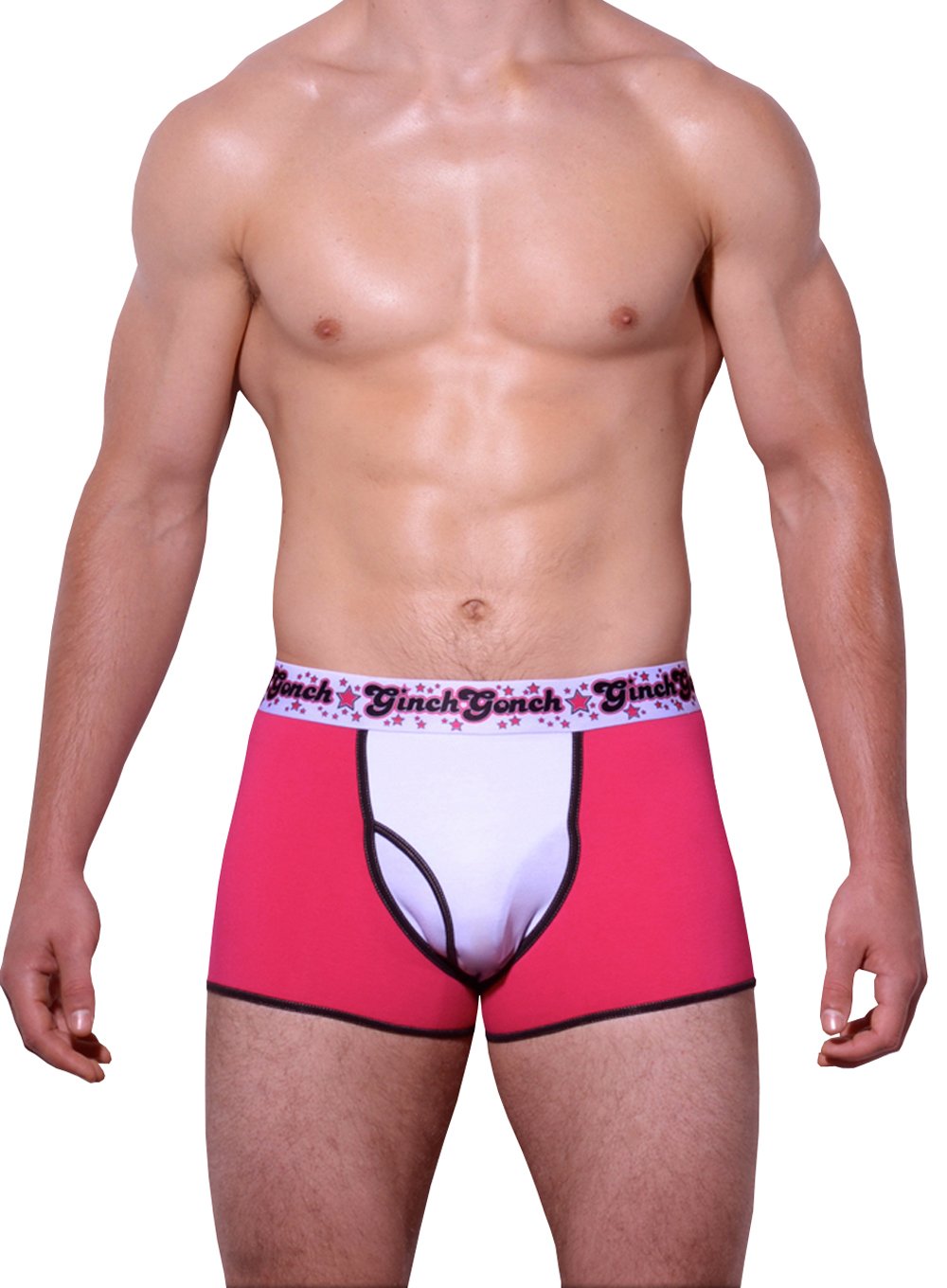 GG Ginch Gonch Mean Pink men's boxer brief trunk underwear, y front with pink and white panels and black trim with black, white, and pink printed waistband front 