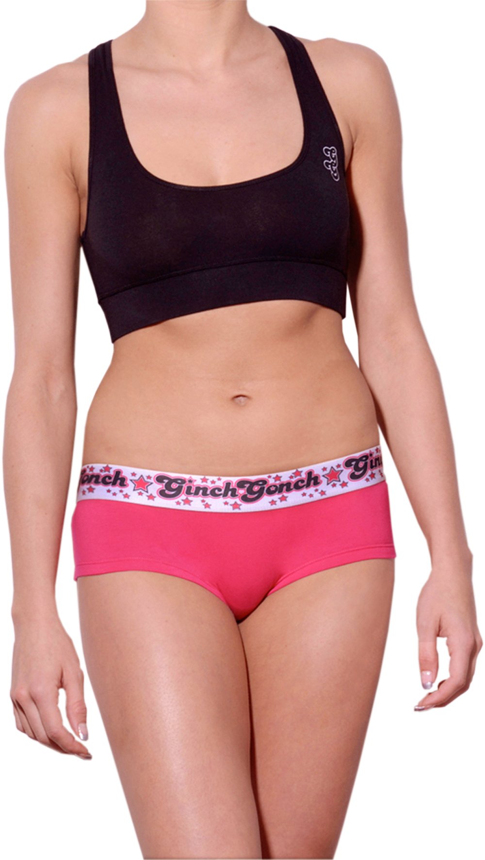 GG Ginch Gonch Mean Pink women's boy cut brief underwear cheeky gogo with pink fabric with black, white, and pink printed waistband front shown with black sports bra