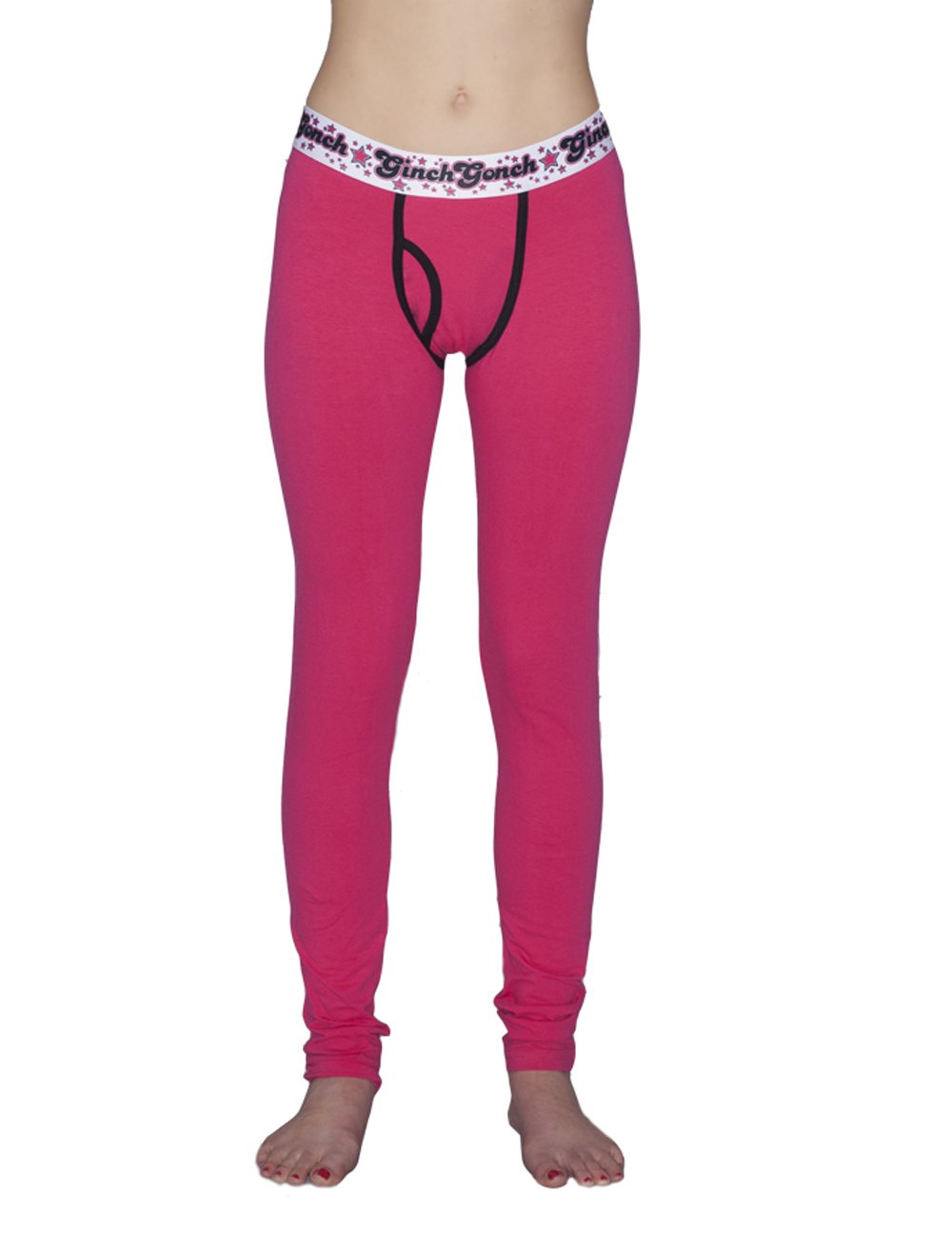GG Ginch Gonch Mean Pink leggings women's long underwear, y front with pink fabric and black trim with black, white, and pink printed waistband front 