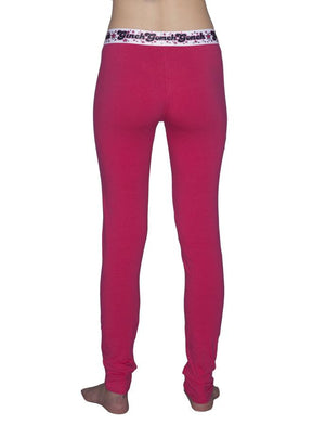 GG Ginch Gonch Mean Pink leggings women's long underwear, y front with pink fabric and black trim with black, white, and pink printed waistband back