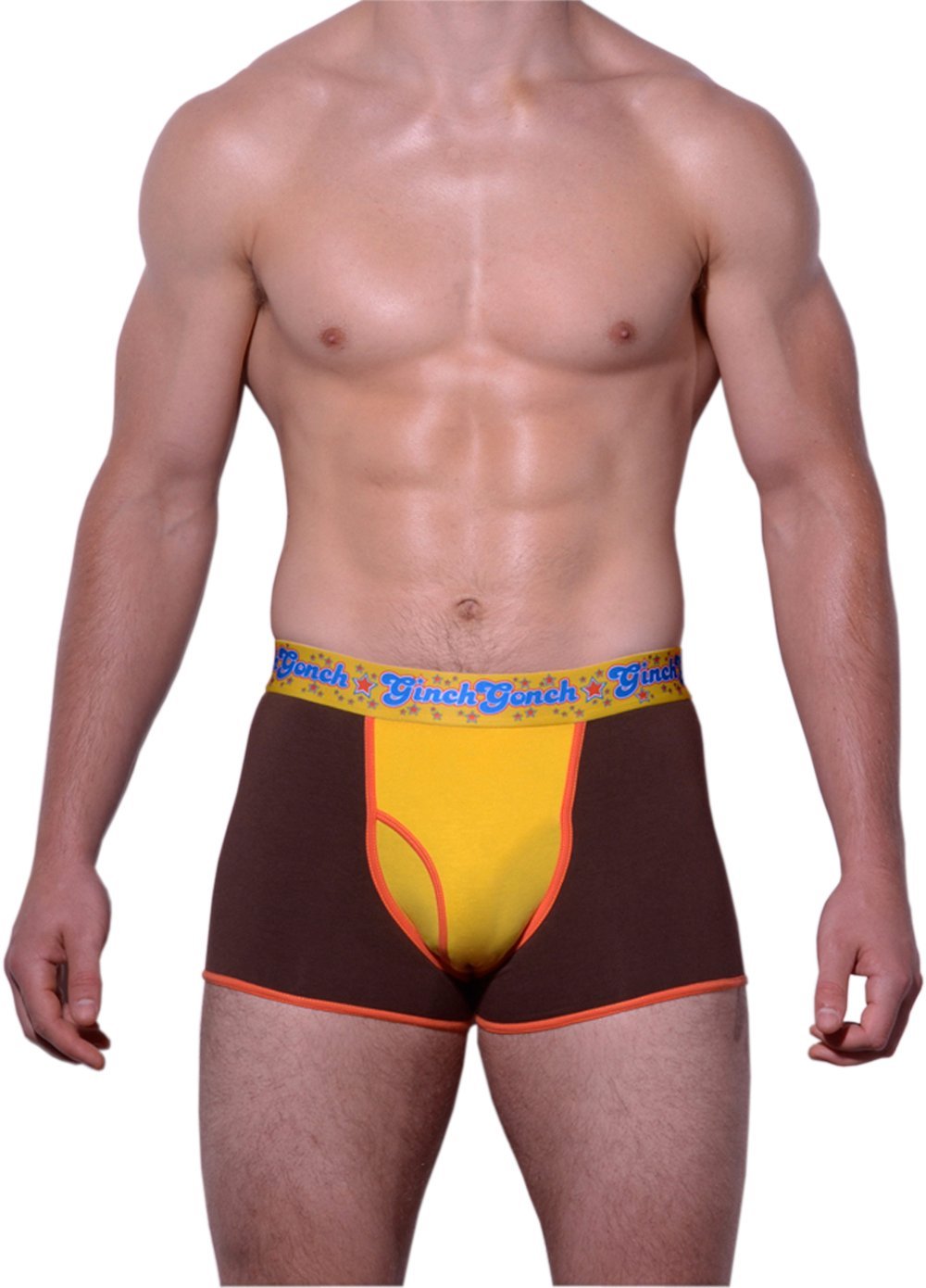 GG Ginch Gonch Lemon Heads men's underwear y front boxer brief trunk with yellow and brown panels, orange trim, and a printed yellow waistband. front. 