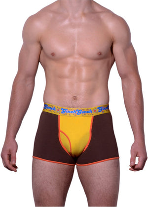 GG Ginch Gonch Lemon Heads men's underwear y front boxer brief trunk with yellow and brown panels, orange trim, and a printed yellow waistband. front. 