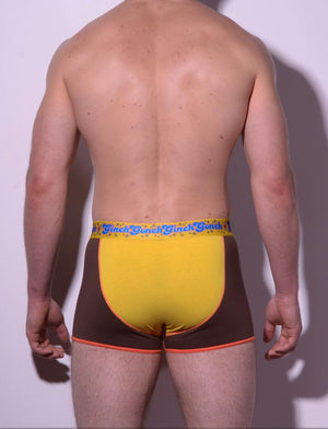 GG Ginch Gonch Lemon Heads men's underwear y front boxer brief trunk with yellow and brown panels, orange trim, and a printed yellow waistband. back