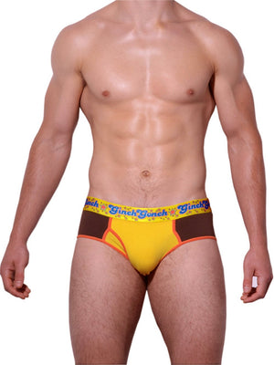 GG Ginch Gonch Lemon Heads men's underwear y front low rise brief with yellow and brown panels, orange trim, and a printed yellow waistband. front. 