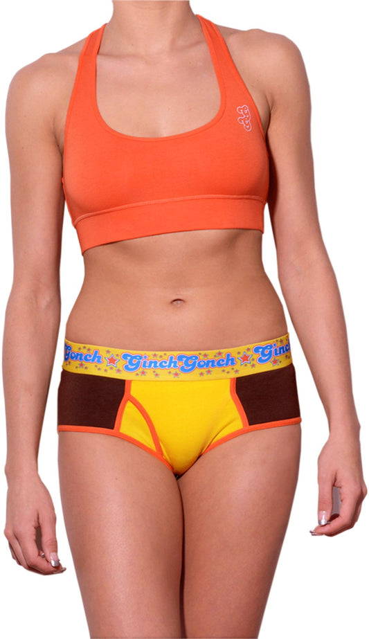 GG Ginch Gonch Lemon Heads women's underwear y front boy cut brief with yellow and brown panels, orange trim, and a printed yellow waistband. front. shown with orange sports bra. 