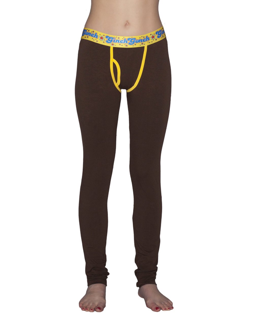 GG Ginch Gonch Lemon Heads women's long underwear y front legging trunk with brown fabric, yellow trim, and a printed yellow waistband. front. 