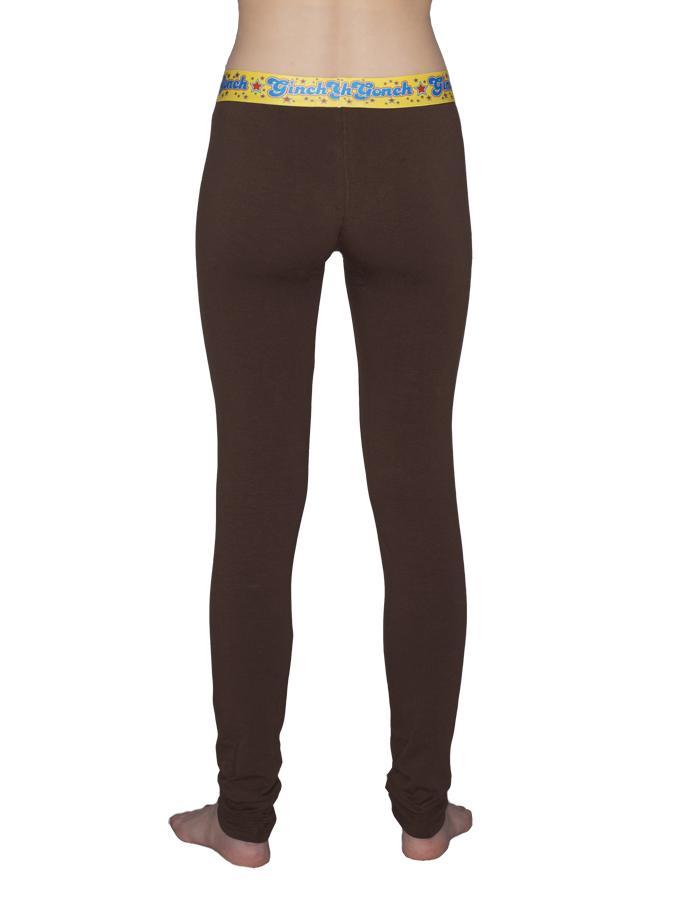 GG Ginch Gonch Lemon Heads women's long underwear y front legging trunk with brown fabric, yellow trim, and a printed yellow waistband. back