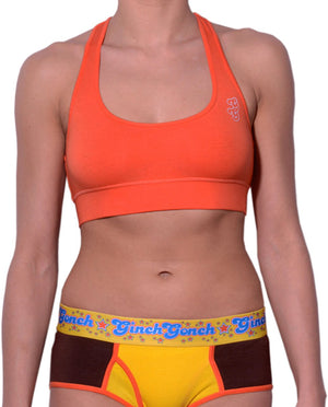 GG Ginch Gonch Lemon Heads women's sports bra orange with gg logo on upper left front shown with lemon heads brief