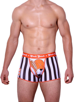 GG Ginch Gonch Score trunk y front boxer brief - men's underwear black and white vertical striped fabric with football, basketball, and soccer ball detailing, with orange printed waistband front 