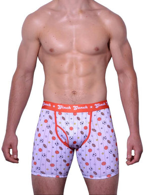 GG Ginch Gonch Hardball Boxer Brief Trunk - Men's Underwear - pin striped white fabric with basketballs, footballs, soccer balls, tennis balls, and baseballs. Orange trim and y front with orange printed waistband front