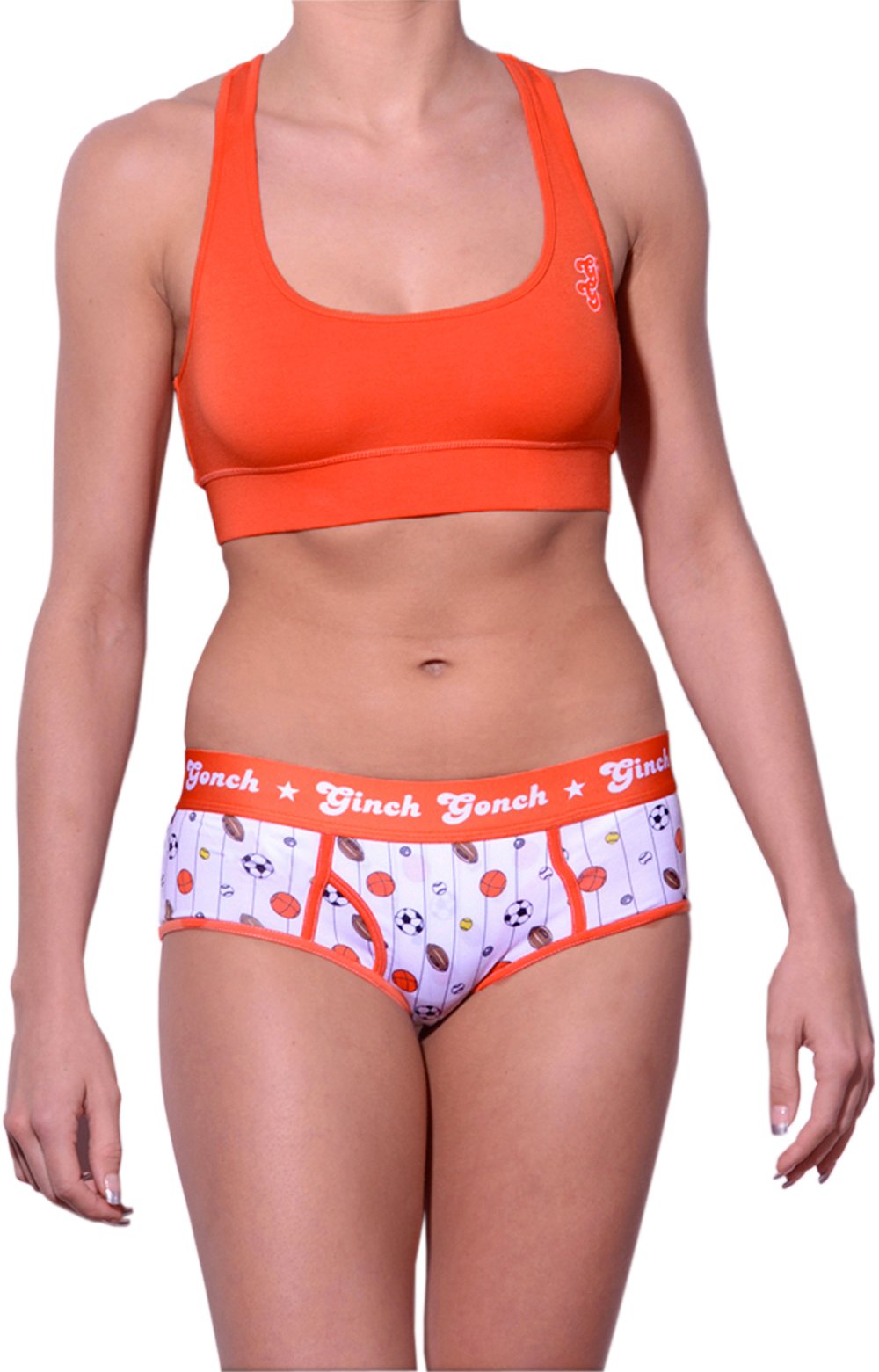 GG Ginch Gonch Hardball boy cut Brief - women's Underwear - pin striped white fabric with basketballs, footballs, soccer balls, tennis balls, and baseballs. Orange trim and y front with orange printed waistband front