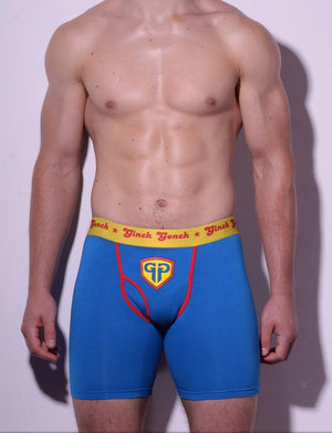 Ginch Gonch GG Ginchcredible super hero men's underwear boxer brief trunk y front blue fabric with GG logo, red trim, and yellow printed waistband front